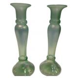 Pair Iridescent Green Glass Candlesticks