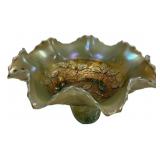 Carnival Glass Ruffled Bowl Leaf Motif