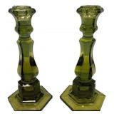 Pair Green Pressed Glass Candlesticks