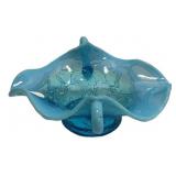 Blue Opalescent Glass Basket w/ Floral
