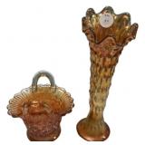 Marigold Carnival Glass Vase & Basket