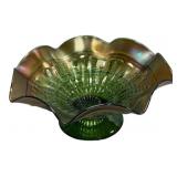 Green Carnival Glass Ruffled Bowl