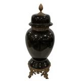 Black Ceramic Ginger Jar Bronze Base