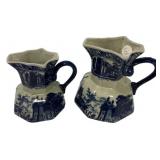 Victorian Ware Blue & White Ceramic Pitchers Pair