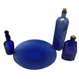 Cobalt Blue Glass Bottle & Plate Set