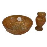 Marigold Carnival Glass Bowl & Vase Set