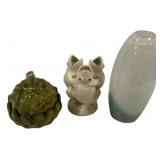 Ceramic Trio: Artichoke, Owl & Vase