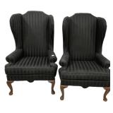 Pair Black Striped Wingback Chairs
