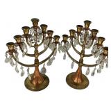 Pair Brass & Copper Crystal Candelabras