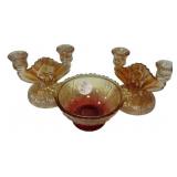 Amber Glass Candelabras & Bowl Set