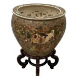 Chinese Ceramic Fish Bowl on Wood Stand