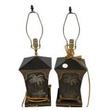 Pair Tole Palm Tree Table Lamps