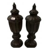 Pair Dark Lidded Decorative Urns