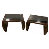 Pair Dark Wood Glass Top End Tables