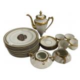 White & Gold Porcelain Tea Set & Plates