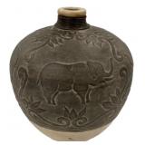 Carved Ceramic Elephant Motif Vase