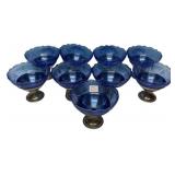 Blue Glass Sherbet Cups Metal Bases x10
