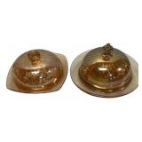 Pair Amber Depression Glass Butter Dishes