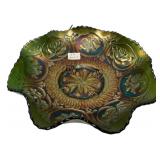 Carnival Glass Ruffled Bowl Green