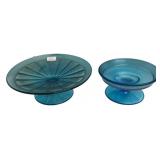 Pair Blue Stretch Glass Footed Compotes