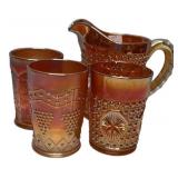 Carnival Glass Pitcher & Tumblers Set