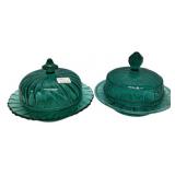 Teal Green Glass Butter Dishes Pair