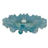 Blue Opalescent Ruffled Glass Bowl