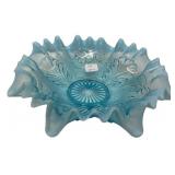 Blue Opalescent Ruffled Glass Bowl