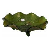 Green Carnival Glass Footed Bowl