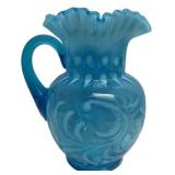Blue Opalescent Glass Pitcher Ruffled