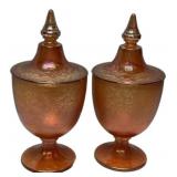 Pair Marigold Carnival Glass Candy Jars