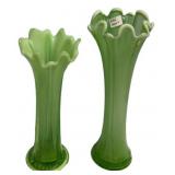 Pair Green Opaline Glass Ruffled Vases
