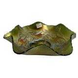 Green Carnival Glass Ruffled Bowl