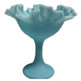 Fenton Blue Satin Glass Ruffled Compote