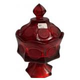 Red Glass Coin Pattern Covered Compote