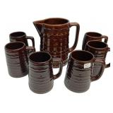 Brown Glaze Pottery Pitcher & 6 Mugs Set