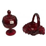 Ruby Red Glass Compote & Basket Set
