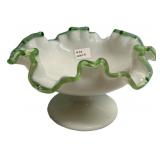 Fenton Milk Glass Green Crest Compote