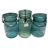 Vintage Blue Glass Canning Jars Lot of 3