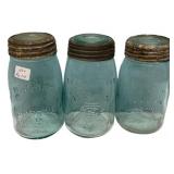 Antique Blue Glass Mason Jars Set of 3