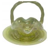 Vaseline Glass Basket Ruffled Edge