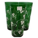 Green Glass Tumblers White Grape Motif