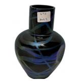 Black Art Glass Vase Blue Iridescent