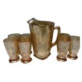 Jeannette Floragold Pitcher & 6 Glasses