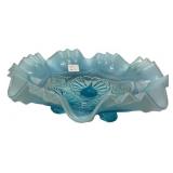 Blue Opalescent Glass Ruffled Bowl