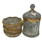 Cut Glass Jar & Coasters Gold Trim