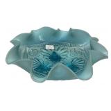 Blue Opalescent Glass Ruffled Bowl