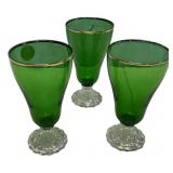 Green Glass Goblets Gold Rim Set of 3