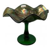 Green Carnival Glass Ruffled Compote
