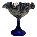 Fenton Cobalt Blue Glass Ruffled Compote